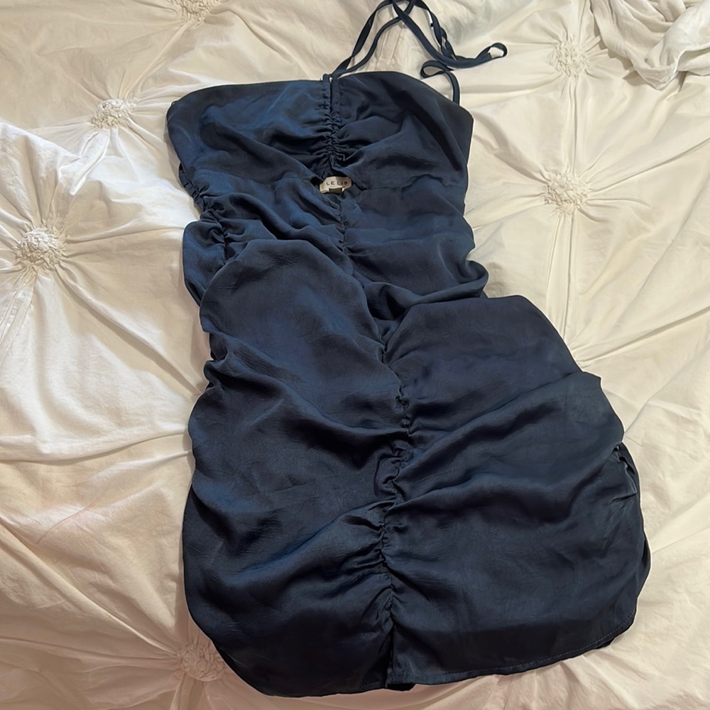 navy ruched mini dress